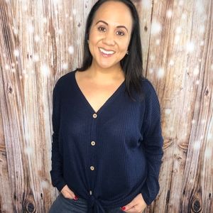 New Zenana Oversized Waffle Long Sleeve Top Navy